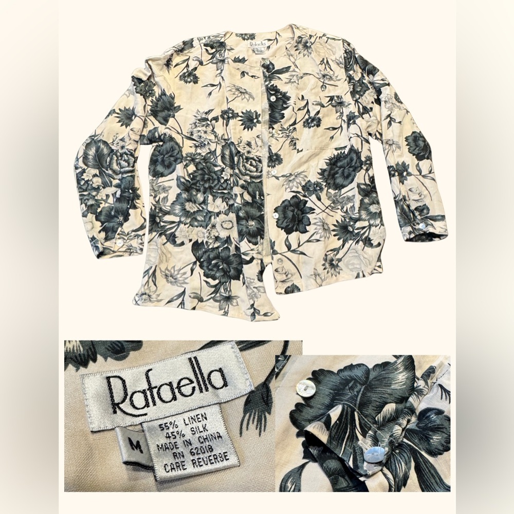 Vintage Linen & Silk Floral Button-Down Blouse Jacket By Rafaella
